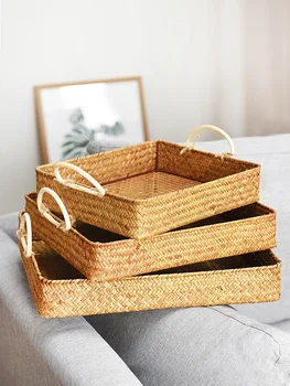 

Trays decorative Hand-woven rectangular seaweed storage tray with handle household storage basket