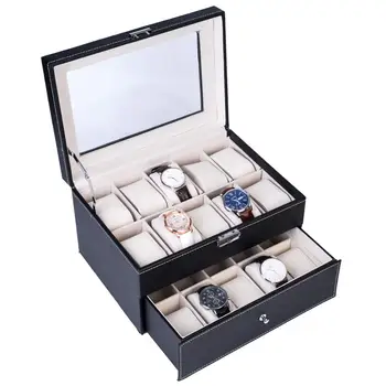 

Elegant Wooden Watch Collection Storage Box Jewelry Display Case Organizer 2 Layers 20 Slots Portable and Practical Black[US-W]