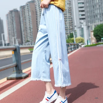 

Zoki Tencel Thin Women Jeans Fashion Tassel Elastic High Waist Calf-Length Wide Leg Denim Pants Casual Sky Blue Loose Jean 2020