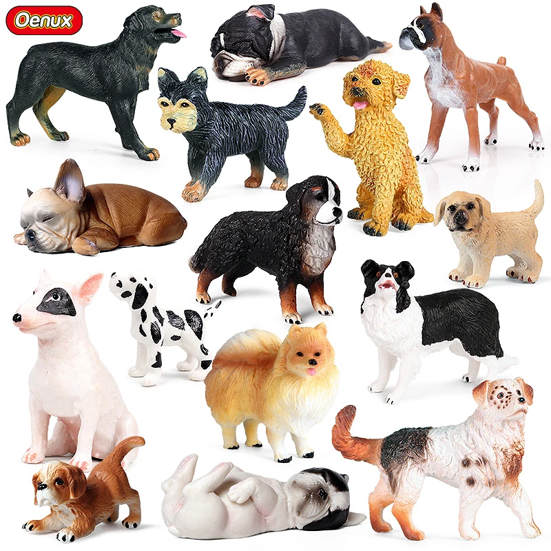 Oenux Baby Dog Animals Simulation Lovely Puppy Schnauzer Chihuahua Bulldog  Boxer Model Action Figure PVC Figurines Toy For Kids