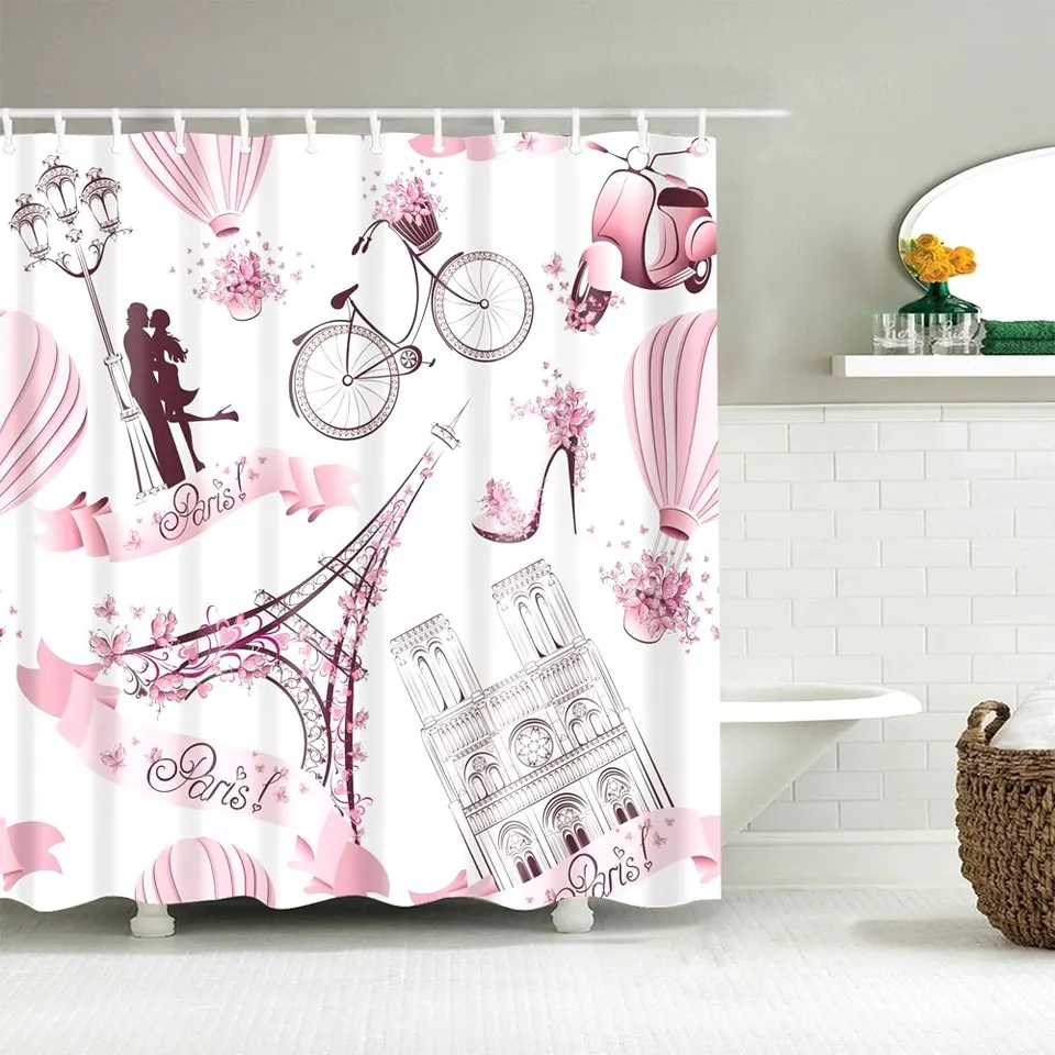 Dafield Pink Paris Shower Curtain With Tower France Design Print
