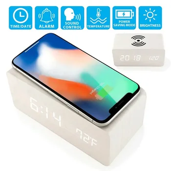 

Newest Wooden Digital LED Desk Alarm Clock Thermometer Qi Wireless Charger