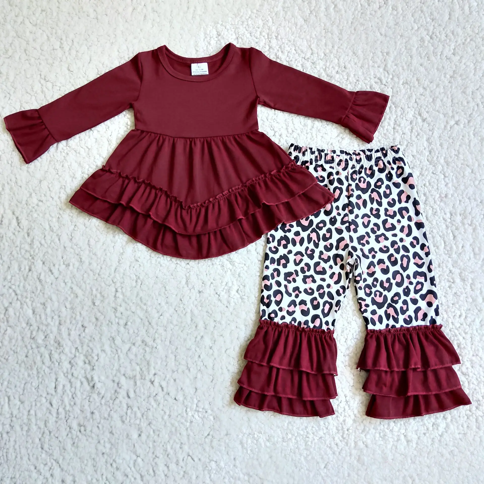 

Wholesale Fall Winter Baby Girl Boutique Outfit Long Sleeve Red Solid Color Shirt Leopard Ruffle Pants Set Kid Fashion Clothes