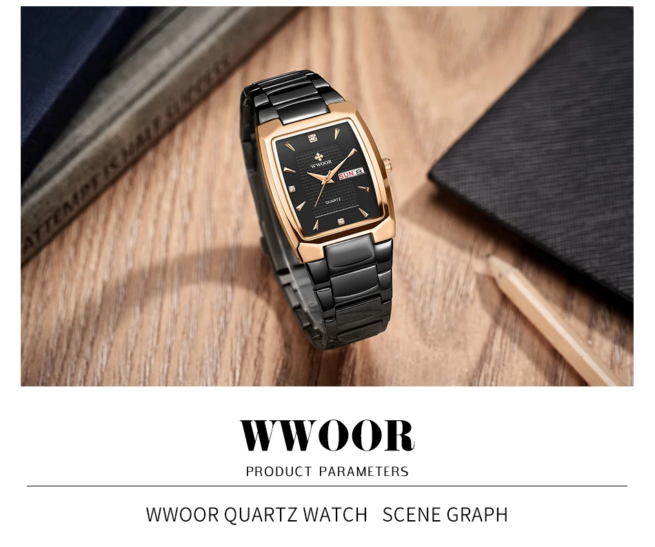 Watches Men WWOOR Brand Casual Simple Men's Quartz Clock Rose Gold Square Waterproof Week Display Wristwatches Relogio Masculino