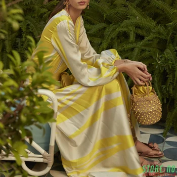 

Vinatge Print Women Dresses V Neck Lantern Long Sleeve High Waist Lace Up Bow Hit Color Ruched Maxi Dress Female