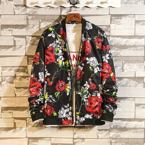 Осень весна тонкая весенняя куртка с цветочным принтом мужская уличная куртка-бомбер большого размера одежда - Цвет: JK003 ASIAN SIZE