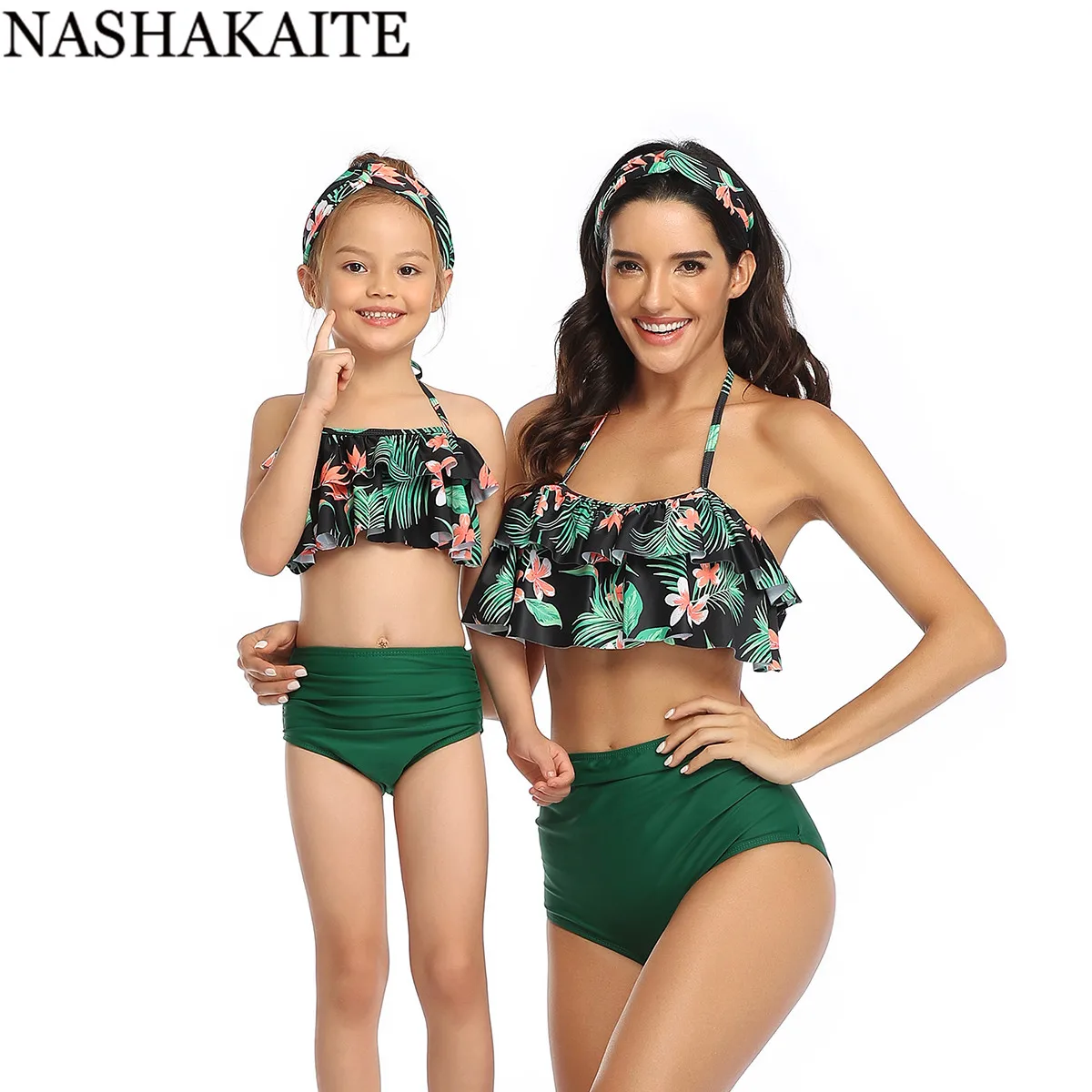 NASHAKAITE/купальный костюм для мамы и дочки; летний комплект бикини с оборками и принтом в виде листьев; Семейные комплекты; одежда для купания; семейный образ; mae e filha