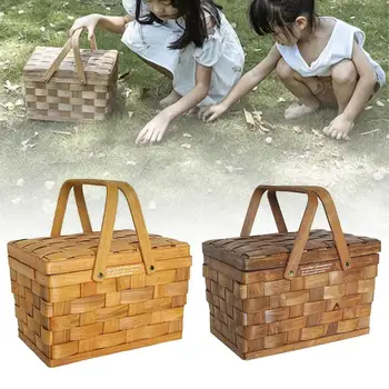 

Portable Wooden Storage Box With Lid Hand-woven Jewelry Box Wicker Makeup Organizer Storage Basket For Home Camping Picnic
