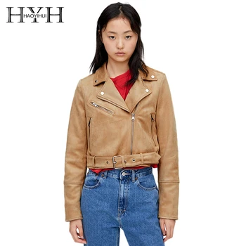 

HYH Haoyihui 2019 New Fashion Autumn Suede Camel Zipper Jacket Wild Handsome Long-sleeved Basic Coat For Women