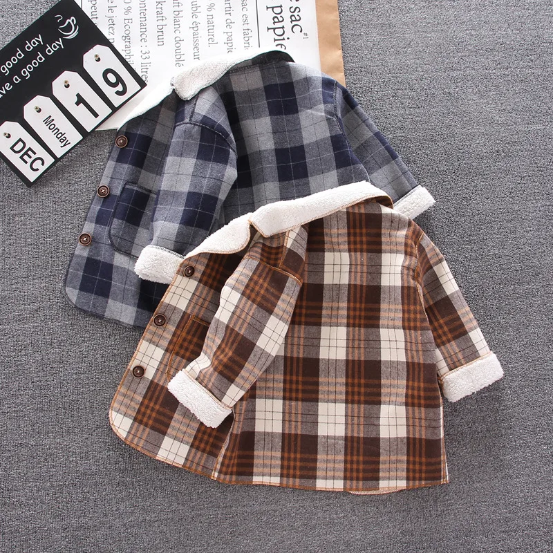 

New Children's Mid-length Coat Fall Winter Boys Plush Warm Casual Woollen Jacket Outerwear Korean-style Kids Plaid Woolen Coat