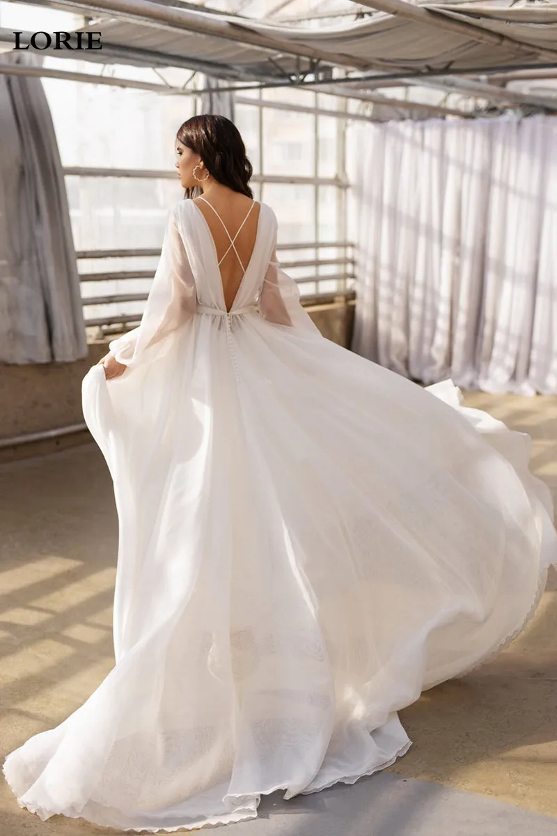 LORIE Princess Wedding Dress  2020 A Line Puff Sleeves Bridal Gowns Open V Back Princess Boho Wedding Gown Plus Size