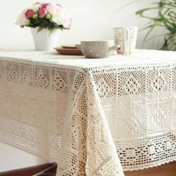 Cotton Knitted Lace tablecloth Shabby Chic Vintage Crocheted Tablecloth Handmade Cotton Lace table topper