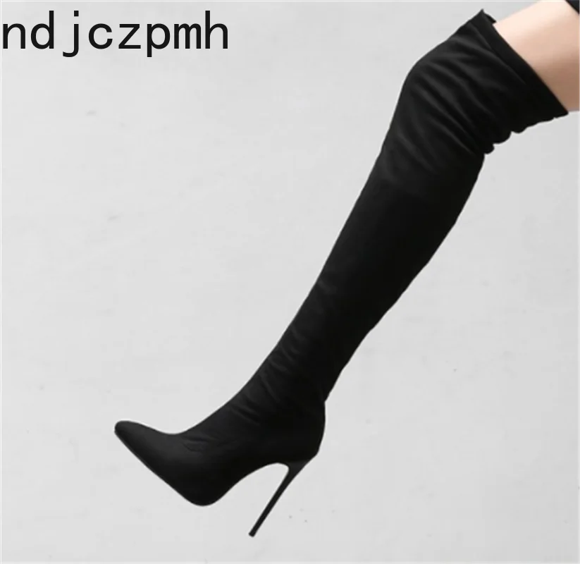 Новая женская обувь зимние модные сапоги выше колена с острым носком на молнии на высоком каблуке 12 см, большие размеры 34-48, черный цвет