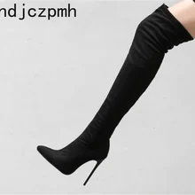 Новая женская обувь зимние модные сапоги выше колена с острым носком на молнии на высоком каблуке 12 см, большие размеры 34-48, черный цвет