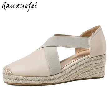 

Women's natural suede leather elastic bordered slip-on on wedge flats leisure soft comfortable espadrilles hemp loafers shoes