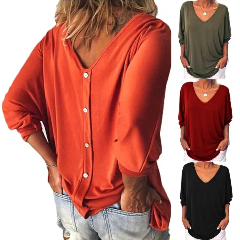 

2019 Autumn Womens V Neck Loose Tee T-shirts 3/4 Sleeve Button Solid Color Casual Fashion Plus Size Tunic Tops