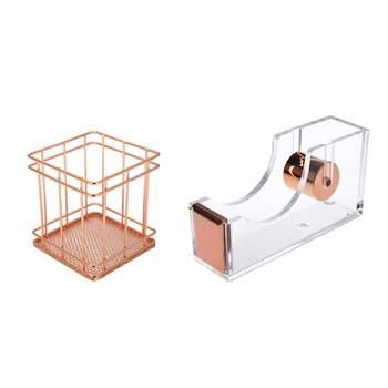 

Rose Gold Wire Net Pencil / Pen Cup Square Iron Mesh Pen / Pencil Cup Stationery Organizer Desk Sorter with Deluxe Acrylic Desig