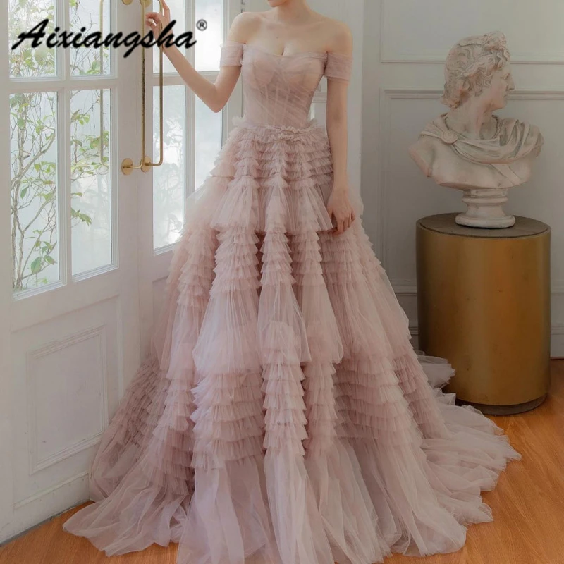 Aixiangsha Smoky Pink Evening Dresses Cake Tiered Off The Shoulder Celebrity Princess Gowns See Through New Arrival