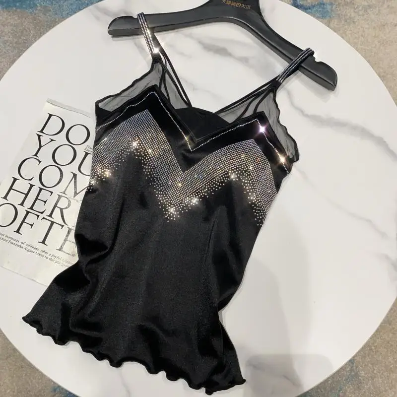 

Cakucool Summer Inner Basic Top Spaghetti Diamond Stamping Mesh Patch Sexy Stretch Slim Camisole Tank Tops Female Black