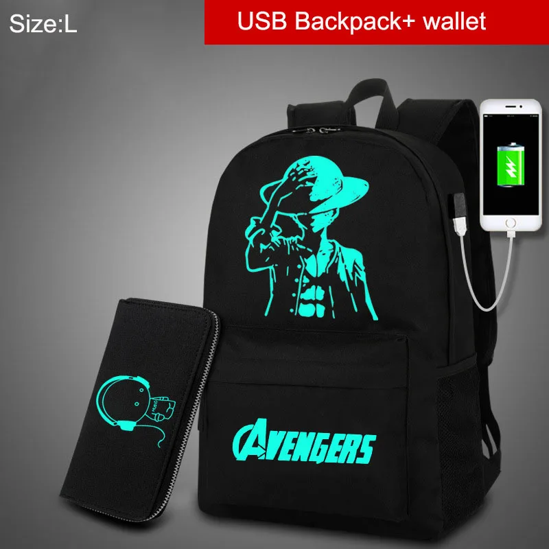 LuffyUSB-L-Wallet Аниме светящийся Оксфордский школьный рюкзак на плечо Детские рюкзаки 15,6 дюймов с usb-портом для зарядки школьная сумка для мальчика - Цвет: LuffyUSB-L-Wallet