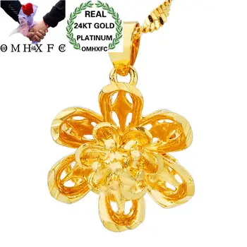 

OMHXFC Wholesale European Fashion Woman Party Birthday Wedding Gift Vintage Hollow Flower 24KT Real Gold Charm Pendant PN131