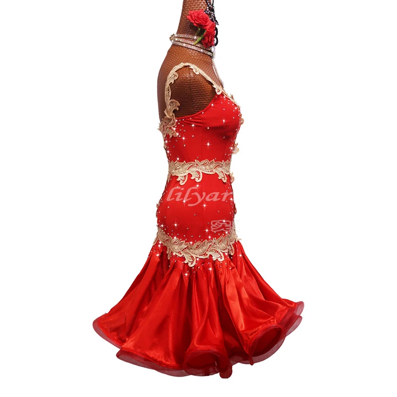 Latin Dance Dress Competition Clothing Performance Dress Prom Party Dress Adult Child Red Embroidered Fishbone Skirt Customized