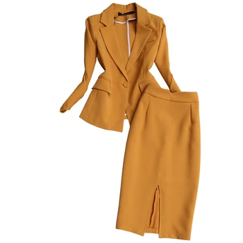 

2020 spring and autumn women's Blazer skirt Temperament fashion ladies office skirt suit two-piece suit Casual slim skirt yellow
