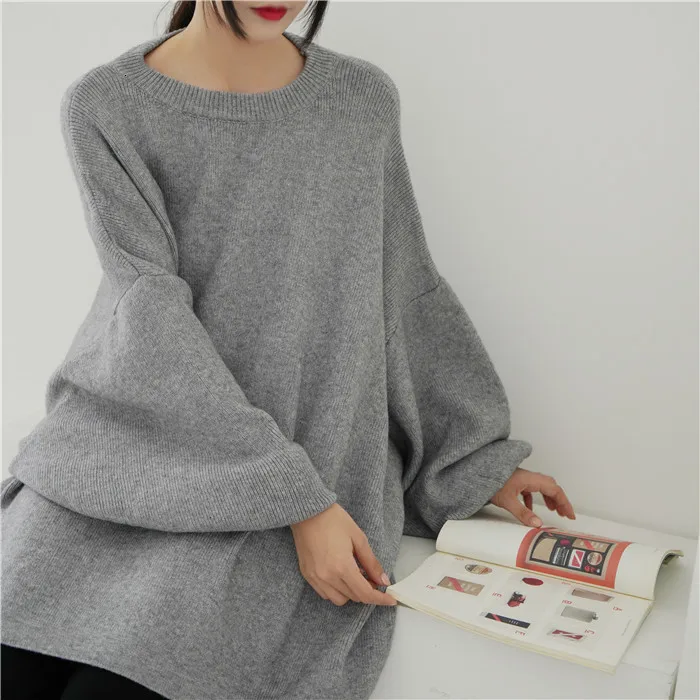 LANMREM осень и зима модный однотонный пуловер с круглым вырезом рукав летучая мышь большой размер длинный вязаный свитер для женщин PB615 - Цвет: Grey