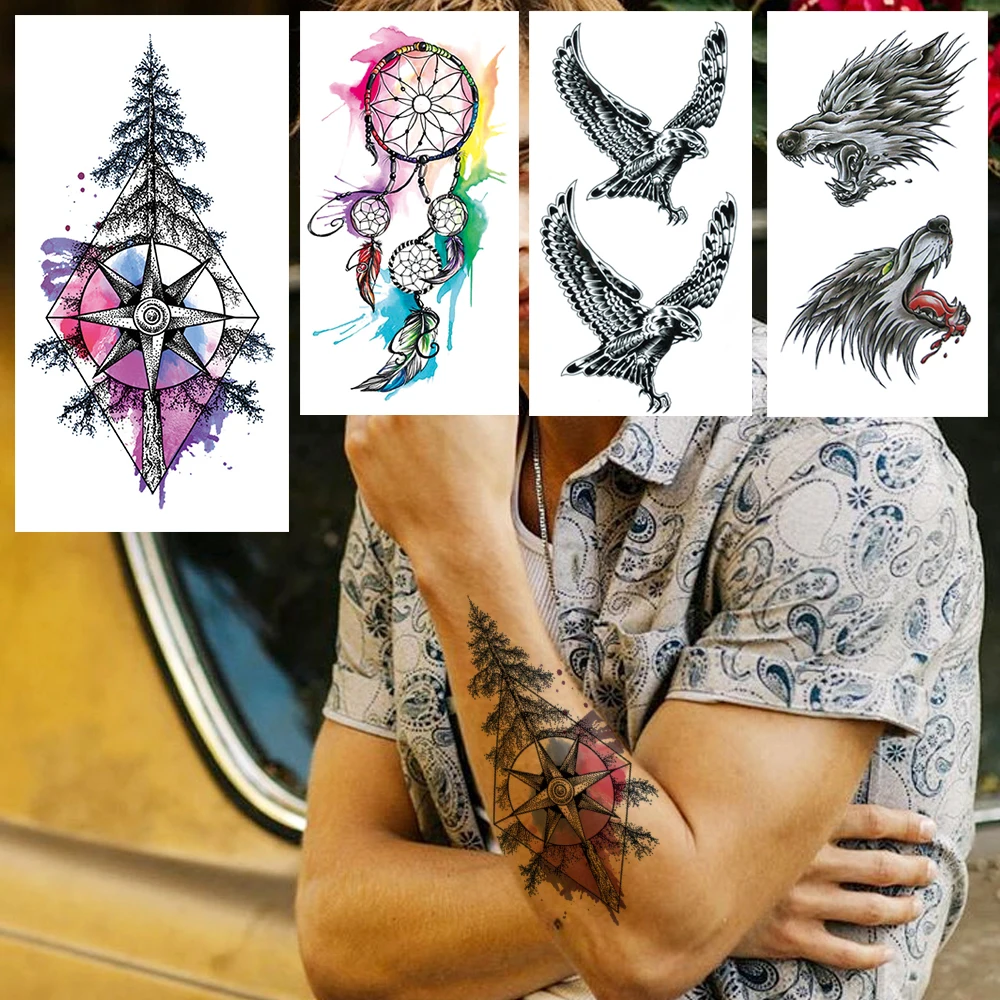 

DIY Watercolor Pine Tree Temporary Tattoo For Kids Women Men Dreamcatcher Tattoos Sticker Eagle Compass Tatoos Body Arm Armbands