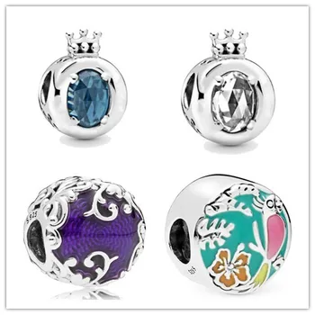 

925 Sterling Silver Bead Clear Crystals Sparkling Crown O Charm Fit Pan Women Bracelet & Necklace Diy Jewelry