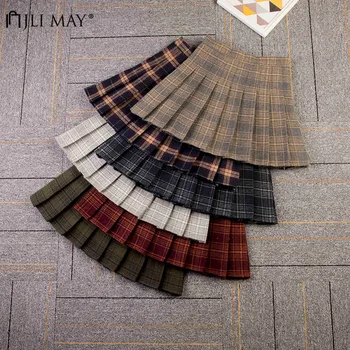 

JLI MAY Woolen Plaid Pleated Skirt Autumn High Waist Solid Plaid A-line Mini Japan Korean Style School Uniform Women Skirts