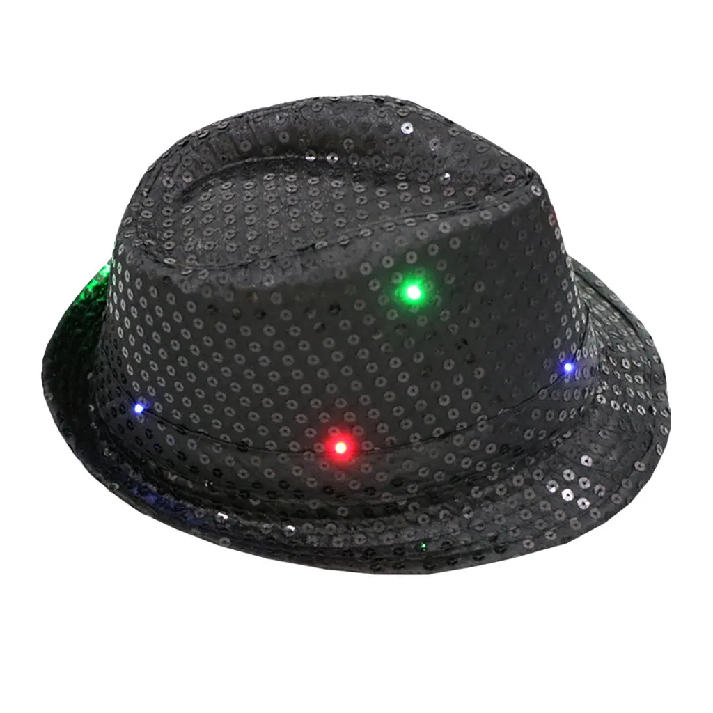 Новое прибытие мигающий свет вверх светодиодный Fedora Trilby Sequin необычное платье танцевальная вечеринка Шляпа Унисекс 10,7