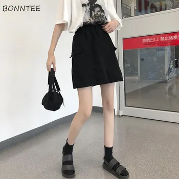 

Skirts Womens Solid Summer Spring Elastic Waist Females Japanese Short Mini Cargo Knitted Skirt Ladies A-line Basic Preppy Style