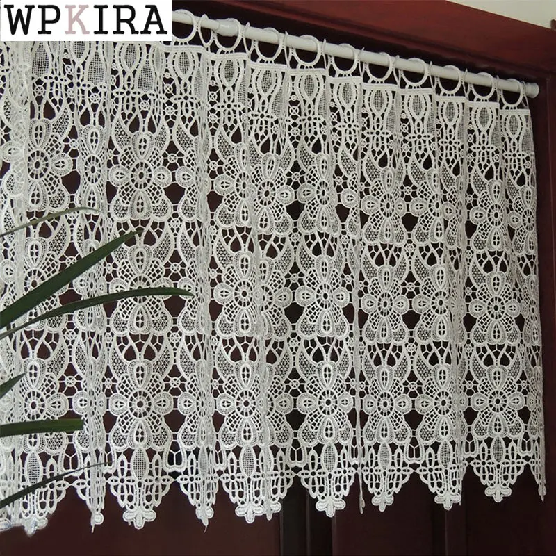 

White Hollow Lace Door Curtain Sheer Voile Drape Small Window Partition Valance Rod Pocket Kitchen Coffee S169#D
