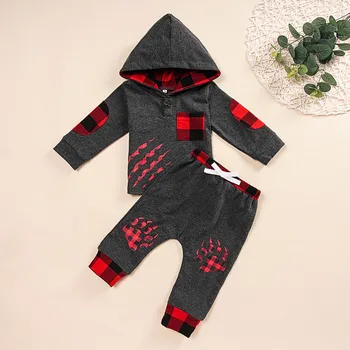 

Newborn Baby Boys Long Sleeve Plaid Tracksuit Hooded Tops Pants Autumn Warm Outfit Boys Clothes Set