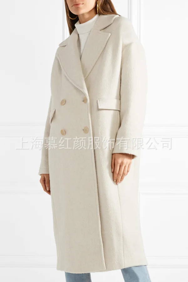 White Solid Long Wool Blend Ladies Coat Vintage Women's Jacket Wide-waisted Double Breasted Korean Womens Fashion Coat