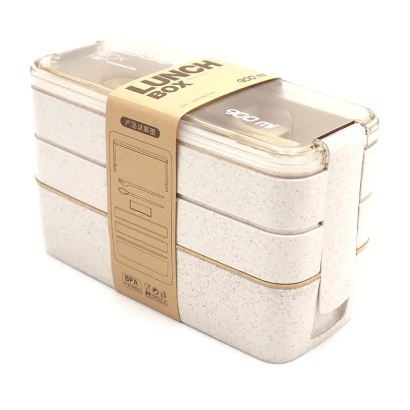 

Household Rectangle Shape Lunch Box Concise Three-Layer Plastic Hand Held Microwave Lunch Box With Fork Spoon