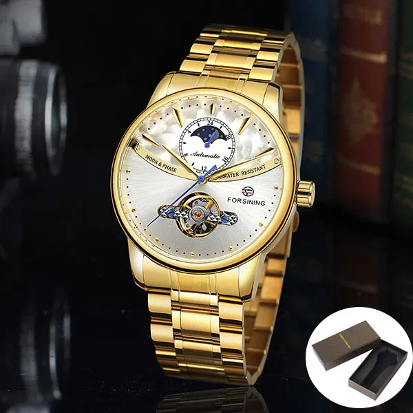 GoldWhiteBox FORSINING Топ бренд класса люкс Мода Tourbillon Мужские часы механические Автоматические наручные часы для мужчин часы Relogio Masculino - Цвет: GoldWhiteBox