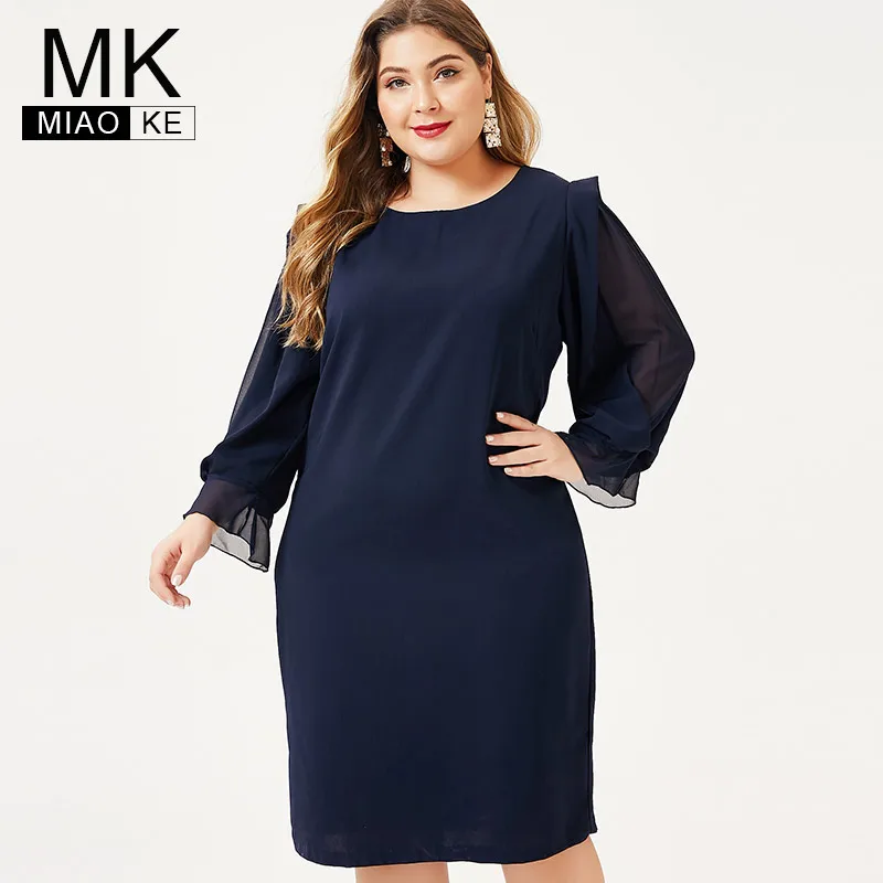 

MK 2019 autumn Plus Size womens Long sleeve midi dress fashion Ladies femal elegant Puff sleeve dresses woman party night