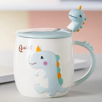 350ML Cute Cartoon Dinosaur Ceramic Mug With Lid Spoon Milk Breakfast Mug Ladies Office Mug Childrens Breakfast Mug