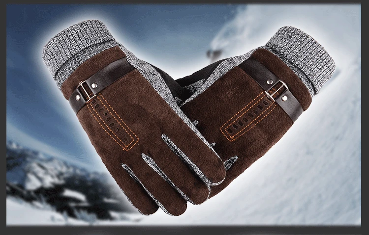 2023 Winter Men's Warm Gloves Genuine Suede Pig Leather Gloves Mittens Male Thick Bike Motorcycle Gloves Men Knitted Guantes