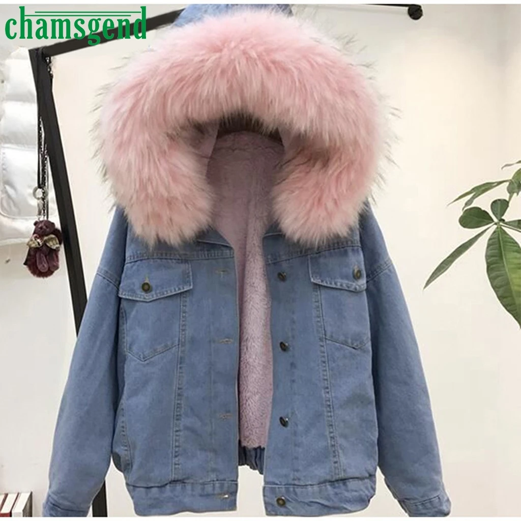 CHAMSGEND плотные джинсы куртки женские повседневные зимние большие меховые воротник корейский локомотив ягненок карман пальто Модные женские короткие пиджаки