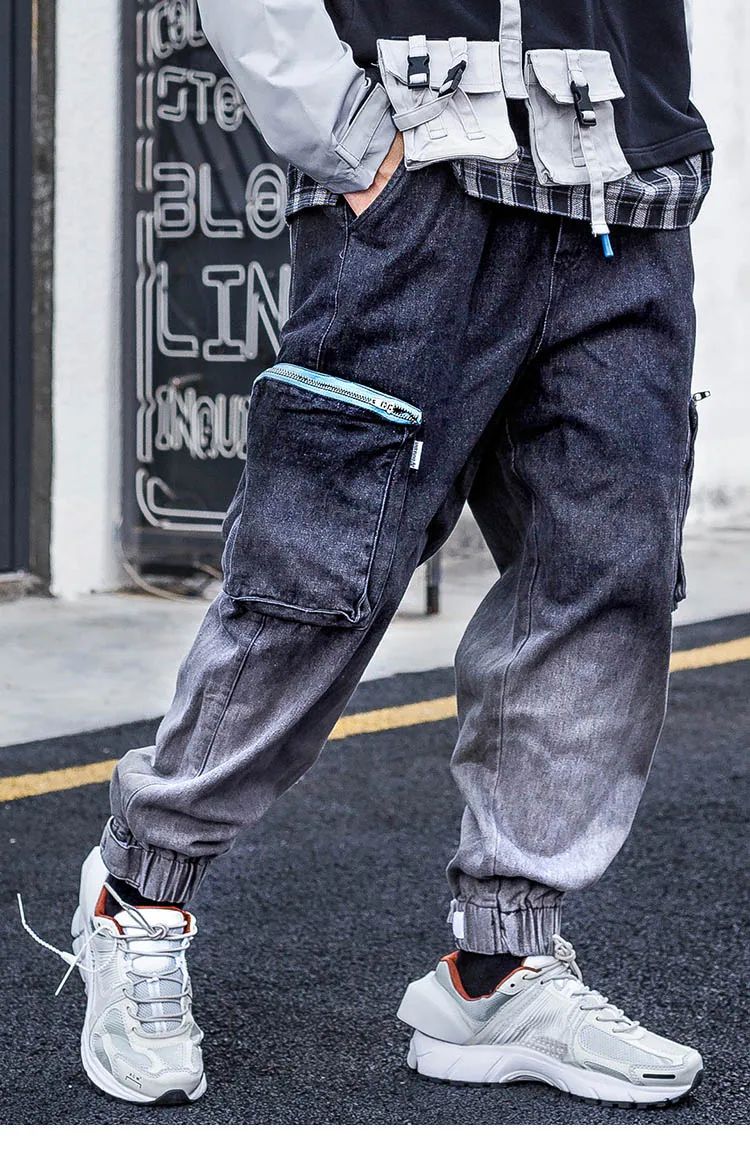 Мужские джинсовые брюки Харадзюку градиентного цвета, брюки-карго в стиле хип-хоп, уличная одежда, мешковатые шаровары, штаны для бега, повседневные тактические брюки