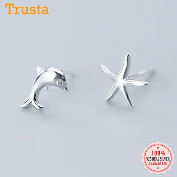 

Trustdavis Real 925 Sterling Silver Asymmetric Starfish Dolphins Charm Stud Earrings For Women Wedding Party Fine Jewelry DA1399
