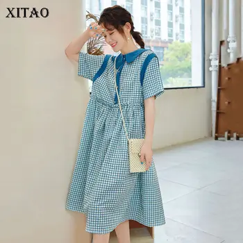 

XITAO Fashion College Style Plaid Dress Women Loose Plus Size Short Sleeve Doll Collar Color Block Dresses Summer New XJ4860