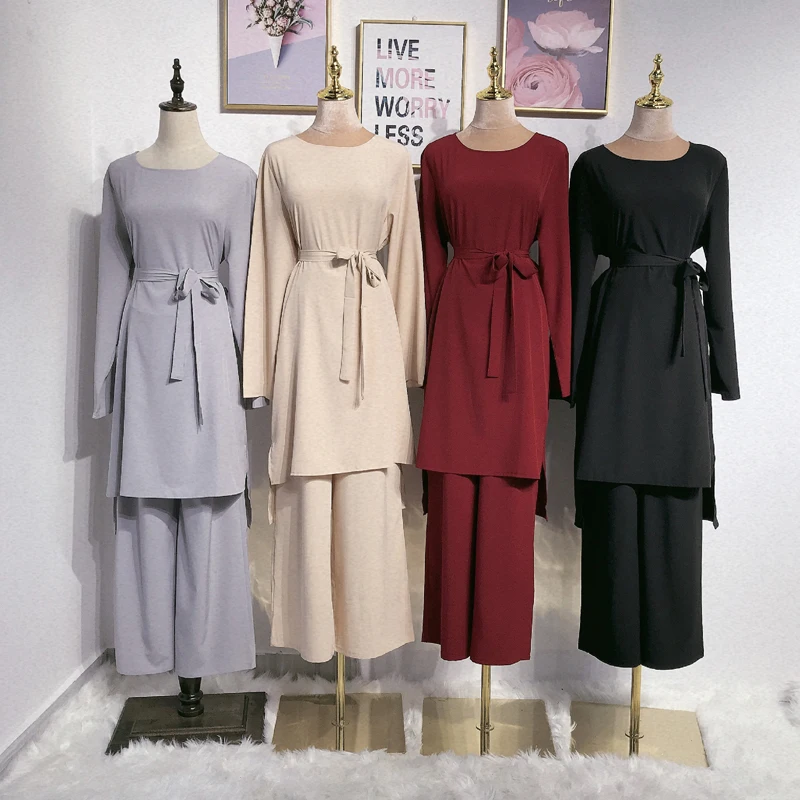 Abaya Дубай мусульманский Топ ансамбль Femme Musulmane 2 шт. Pantalon Оман Пакистан турецкая исламская одежда женский хиджаб платье комплект