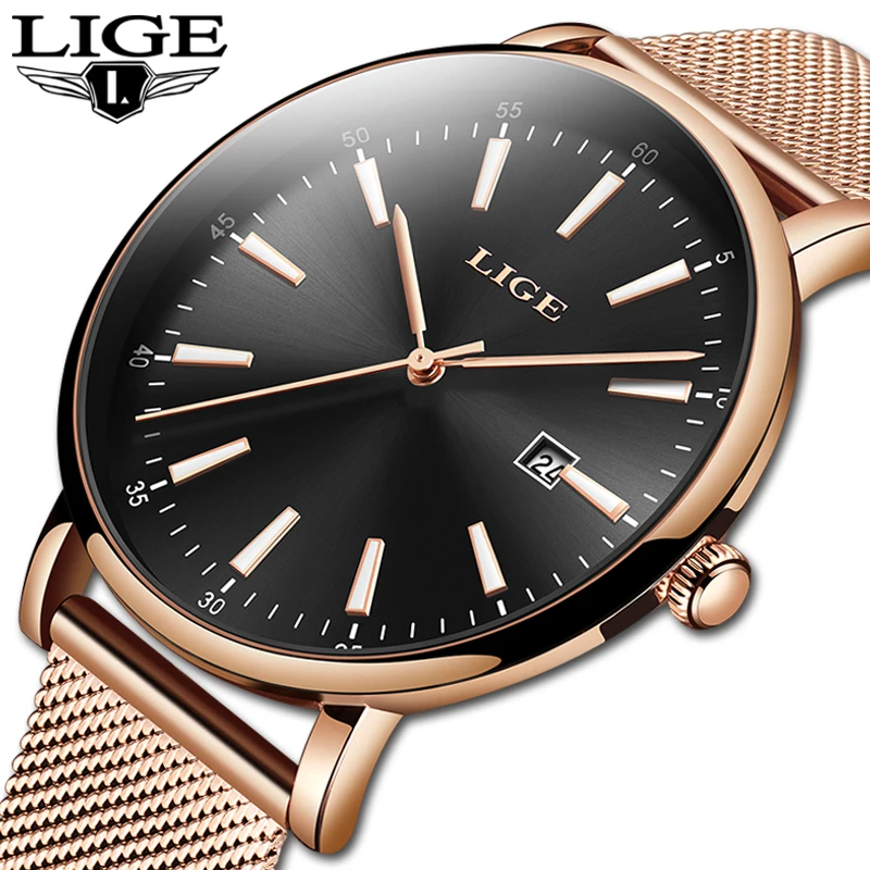 Часы LIGE женские водонепроницаемые из нержавеющей стали креативные супер тонкие