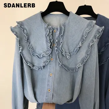 

2020 Spring Denim Shirt Woman Sweet Princess Style Lace Lapel Temperament Button Long-Sleeve Denim Blouse Blusas Female Tops