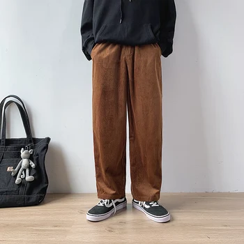

2019 Men's Black/brown Color Trousers Active Elastic Hip Hop Leisure Corduroy Fabric Haren Pants Printing Cotton Casual Pants