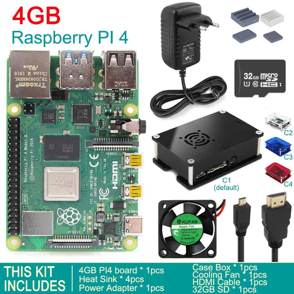 Выпущен Raspberry Pi 4 Модель B 4 GB/2 GB/1 GB SDRAM BCM2711 четырехъядерный охлаждающий вентилятор корпус коробка адаптер питания стартовый комплект - Комплект: 4GB Kit 2